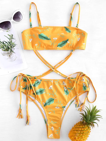Leaf Print Self-Tie High Cut Bandeau Bikini