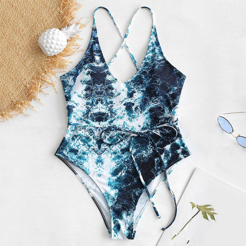 Abstract Print V Neck One Piece Swimsuit