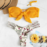 Knot Shirred Leaf Print Braided Bikini