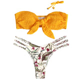 Knot Shirred Leaf Print Braided Bikini