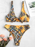 Retro Printed Tie Front High Cut Bikini