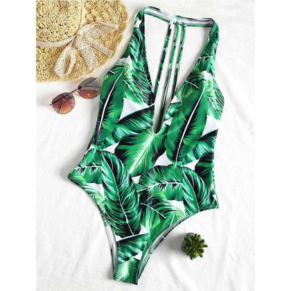 Tropical Leaf Print One Piece Swimsuit