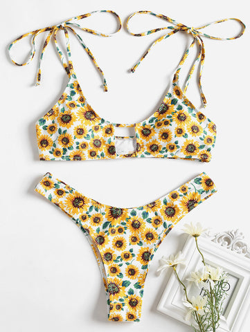 Tie Shoulder Sunflower Keyhole Bikini