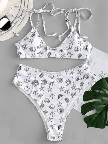 Tie Shoulder Starfish Print Bikini
