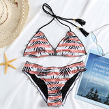 Striped Plant Print Bikini