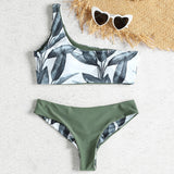 One Shoulder Leaves Print Bikini