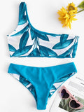 One Shoulder Leaves Print Bikini