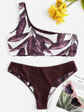 One Shoulder Leaves Print Bikini
