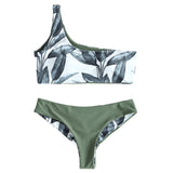One Shoulder Leaves Print Bikini