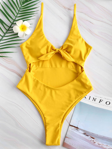 Knotted Plunging Cut Out One Piece Swimsuit